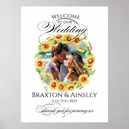Zonnebloemen foto bruiloft welkom teken elegant poster (Voorkant)