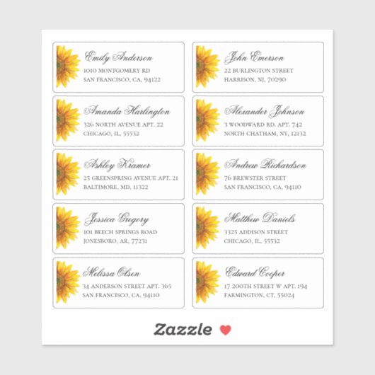 Zonnebloemen gasten adres. Rustieke verzendlabels Sticker (Vel)