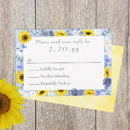 Zonnebloemen, Geel, Dusty Blue Wedding RSVP Kaart