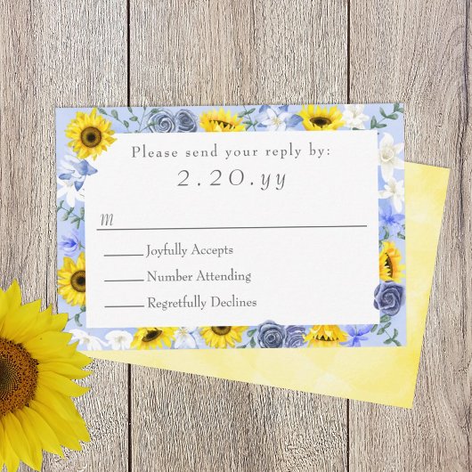 Zonnebloemen, Geel, Dusty Blue Wedding RSVP Kaart