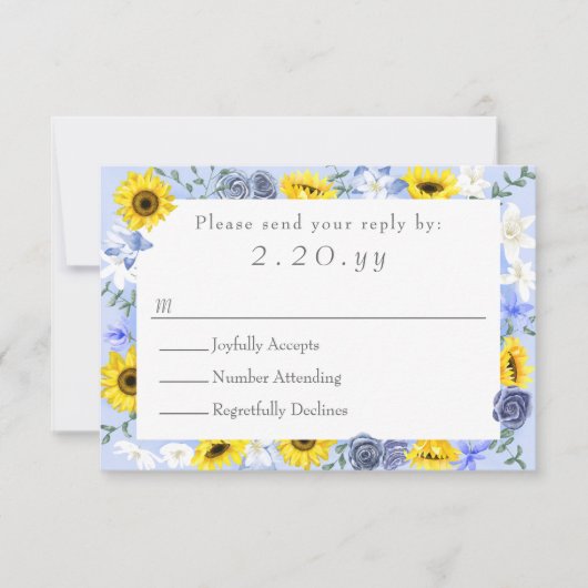Zonnebloemen, Geel, Dusty Blue Wedding RSVP Kaart (Voorkant)