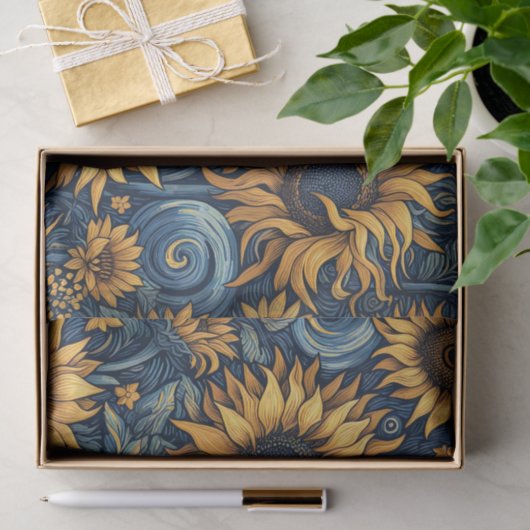 Zonnebloemen Geel en Blauw Swirls Decoupage Tissuepapier (Geschenk)