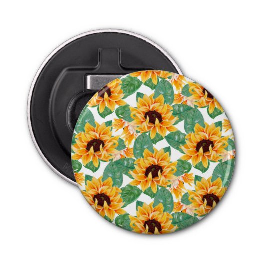 zonnebloemen Geel en groen patroon Button Flesopener (Voorkant)