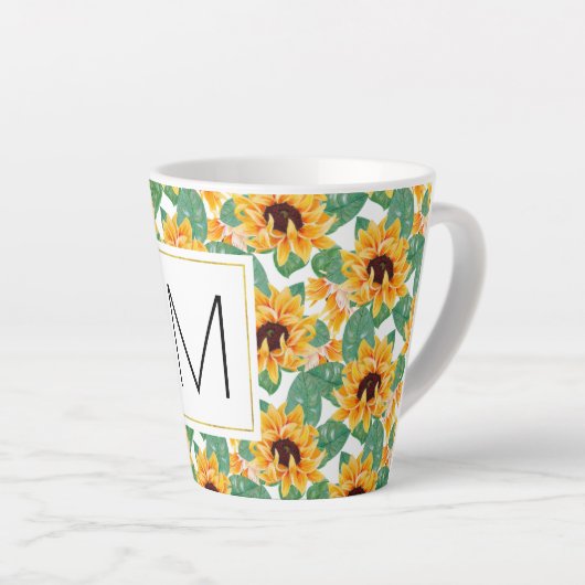 zonnebloemen Geel en Groen Patroonmonogram Latte Mok (Rechterhoek)