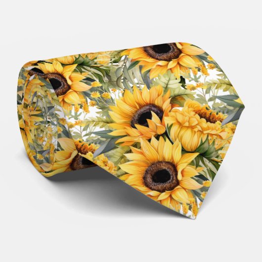 Zonnebloemen Geel en wit Bloemen Stropdas (Opgerold)