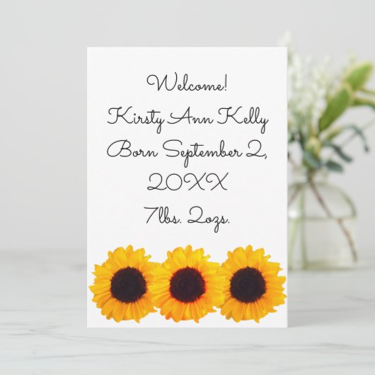 Zonnebloemen Geel Geboorteaankondiging 4Kate Kaart (Staand voorkant)