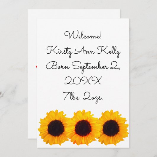 Zonnebloemen Geel Geboorteaankondiging 4Kate Kaart (Voorkant / Achterkant)