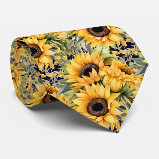Zonnebloemen Geel Goud Navy Blauw Bloemen Stropdas (Opgerold)