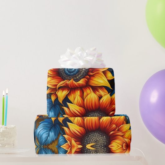 Zonnebloemen geel rood en blauw cadeaupapier (Feestgeschenken)