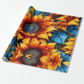 Zonnebloemen geel rood en blauw cadeaupapier (Uitgerold)