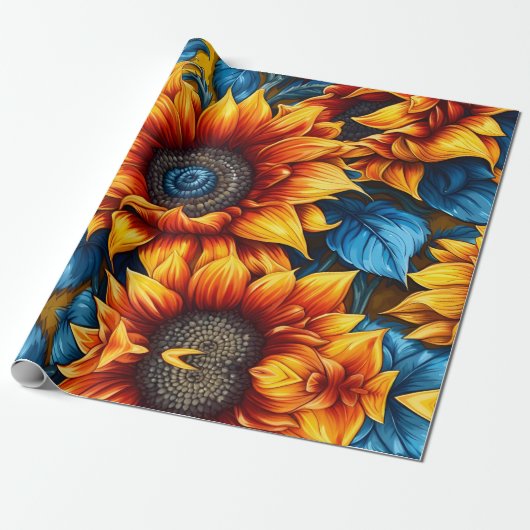 Zonnebloemen geel rood en blauw cadeaupapier (Uitgerold)