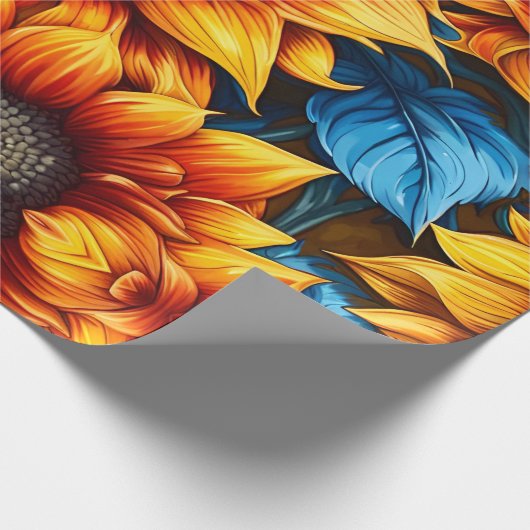 Zonnebloemen geel rood en blauw cadeaupapier (Hoek)