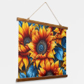 Zonnebloemen geel rood en blauw hangend wandkleed (Gebogen)