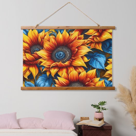 Zonnebloemen geel rood en blauw hangend wandkleed (Slaapkamer)