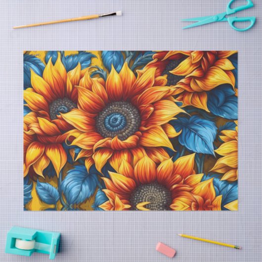 Zonnebloemen geel rood en blauw tissuepapier (Craft)