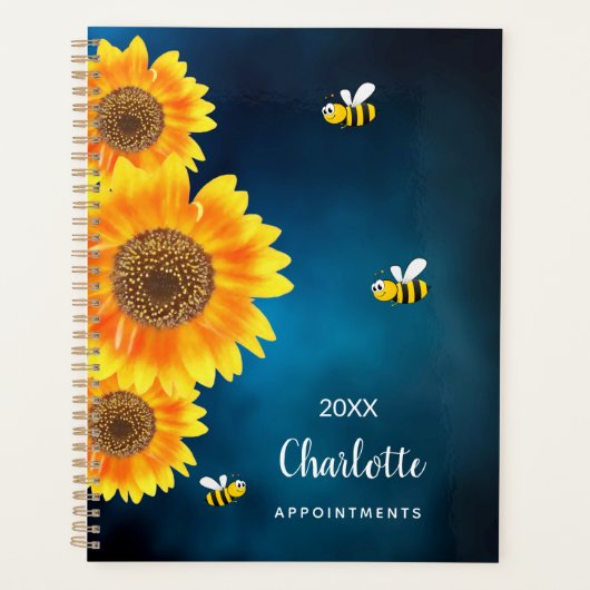 Zonnebloemen gele bijen blauwe lucht naam planner (Voorkant)