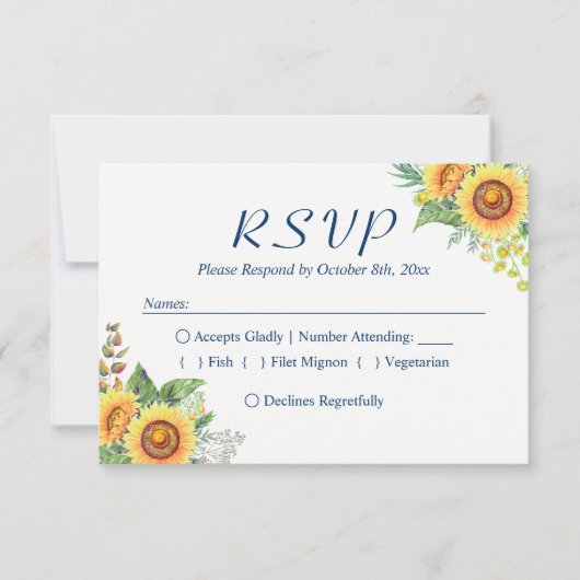 Zonnebloemen Gele marine Blue Rustic Wedding RSVP (Voorkant)