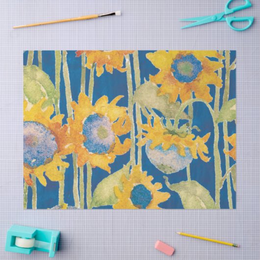 Zonnebloemen Gele Waterverf Blauw Tissuepapier (Craft)