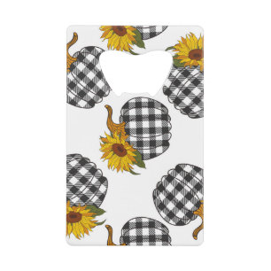 Zonnebloemen, geruite pompoen, boerderij decor creditkaart flessenopener