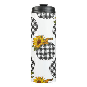 Zonnebloemen, geruite pompoen, boerderij decor thermosbeker