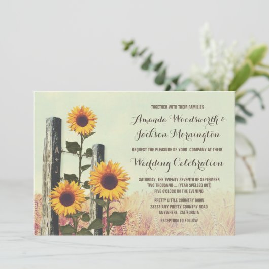 Zonnebloemen gesneden hek post bruiloft uitnodigin kaart (Staand voorkant)