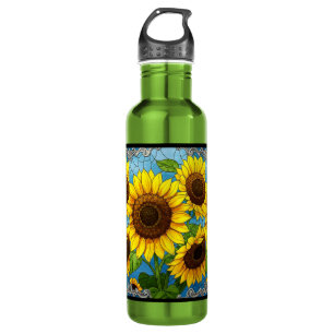 Zonnebloemen, geverfd waterfles 