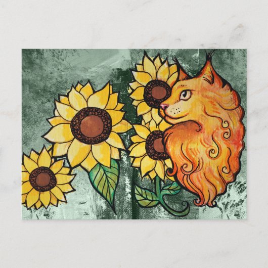 Zonnebloemen Ginger Maine Coon Cat Briefkaart (Voorkant)