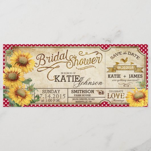 Zonnebloemen Gingham Landelijke Picknick Bruidsfee Save The Date (Voorkant)