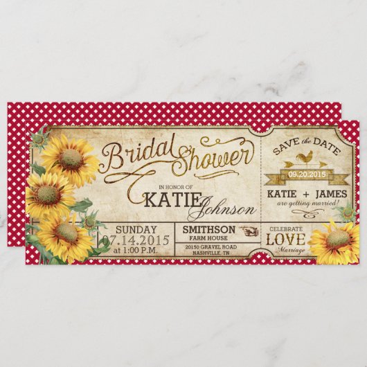 Zonnebloemen Gingham Landelijke Picknick Bruidsfee Save The Date (Voorkant / Achterkant)