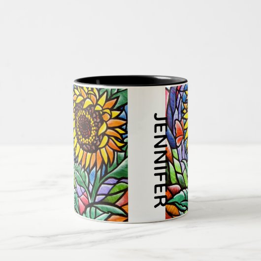 Zonnebloemen, Glas in lood-effect Aangepaste kunst Tweekleurige Koffiemok (Center)