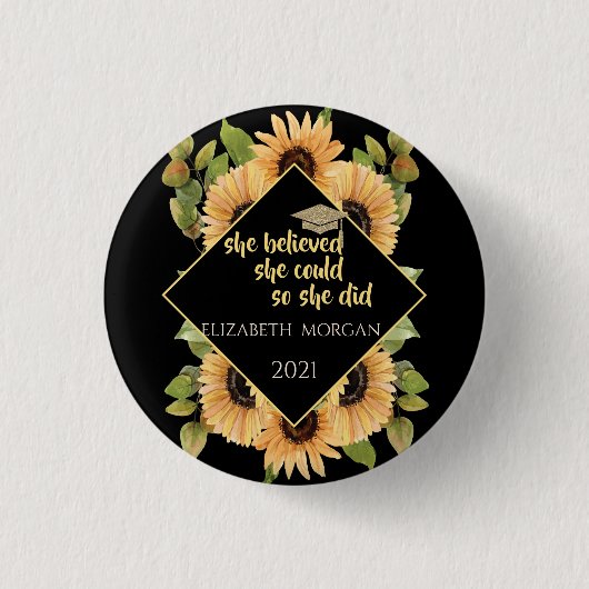 Zonnebloemen Glitter Afstudeerhoed Drankviltje K Ronde Button 3,2 Cm (Voorkant)