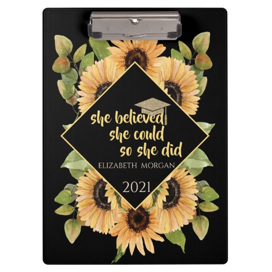 Zonnebloemen Glitter Afstudeerhoed Klembord (Voorkant)