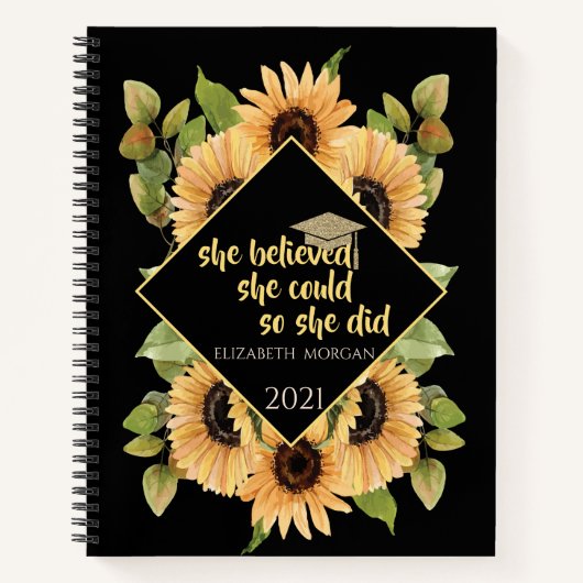 Zonnebloemen Glitter Afstudeerhoed Notitieboek (Voorkant)