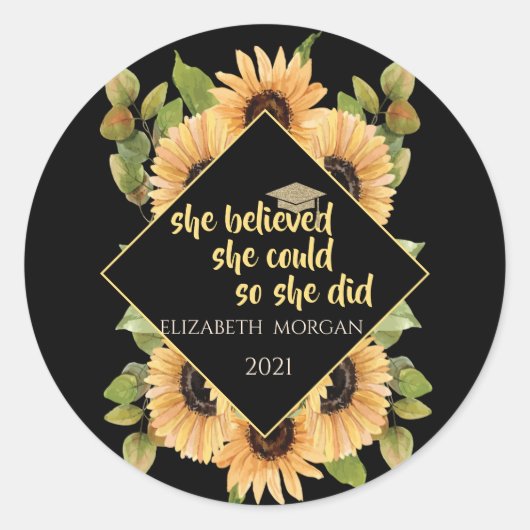Zonnebloemen Glitter Afstudeerhoed Ronde Sticker (Voorkant)