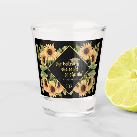Zonnebloemen Glitter Afstudeerhoed Shot Glas (Voorkant)