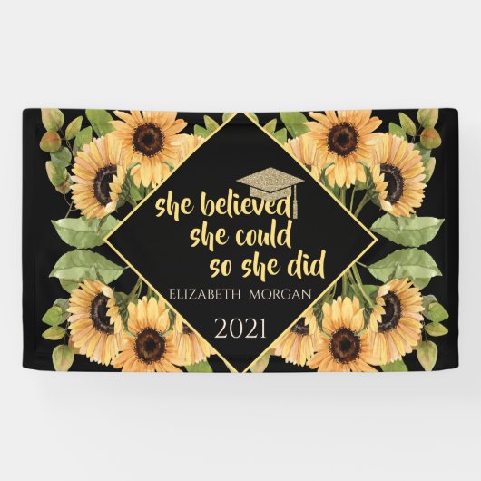 Zonnebloemen Glitter Afstudeerhoed Spandoek (Horizontaal)