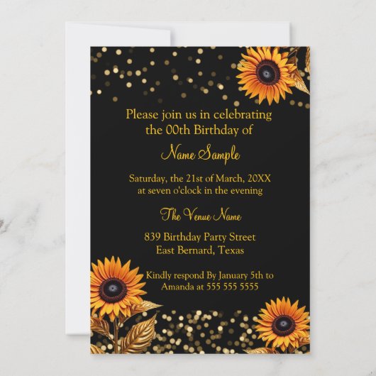 Zonnebloemen Glitter Sinaasappel Goud Zwart Verjaa Kaart (Achterkant)