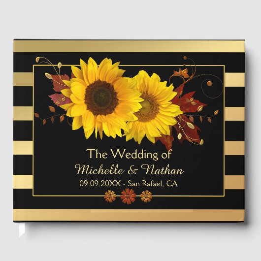 Zonnebloemen Gold Striped Weduwboek Gastenboek (Voorkant)