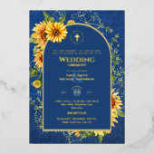Zonnebloemen Goud Katholieke Trouw Elegant Blauw Folie Uitnodiging (Voorkant)