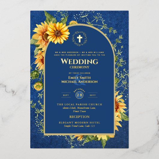 Zonnebloemen Goud Katholieke Trouw Elegant Blauw Folie Uitnodiging (Voorkant)