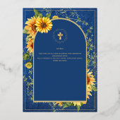 Zonnebloemen Goud Katholieke Trouw Elegant Blauw Folie Uitnodiging (Achterkant)