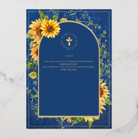 Zonnebloemen Goud Katholieke Trouw Elegant Blauw Folie Uitnodiging (Achterkant)
