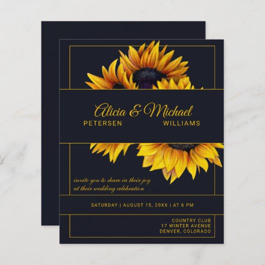 Zonnebloemen gouden moderne huwelijksuitnodiging (Voorkant / Achterkant)
