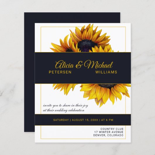 Zonnebloemen gouden moderne huwelijksuitnodiging (Voorkant / Achterkant)