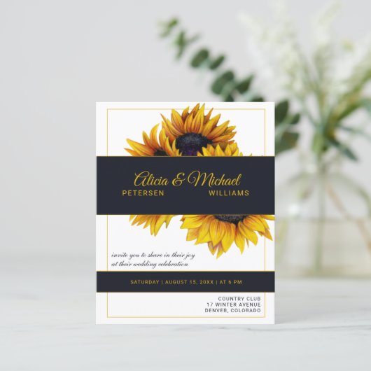 Zonnebloemen gouden moderne huwelijksuitnodiging (Staand voorkant)