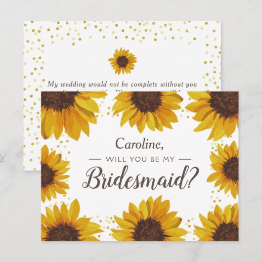 Zonnebloemen & gouden Stippen Wil Je Mijn Bruidsme Uitnodiging Briefkaart (Voorkant / Achterkant)