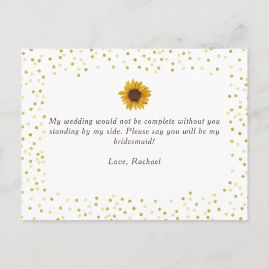 Zonnebloemen & gouden Stippen Wil Je Mijn Bruidsme Uitnodiging Briefkaart (Achterkant)