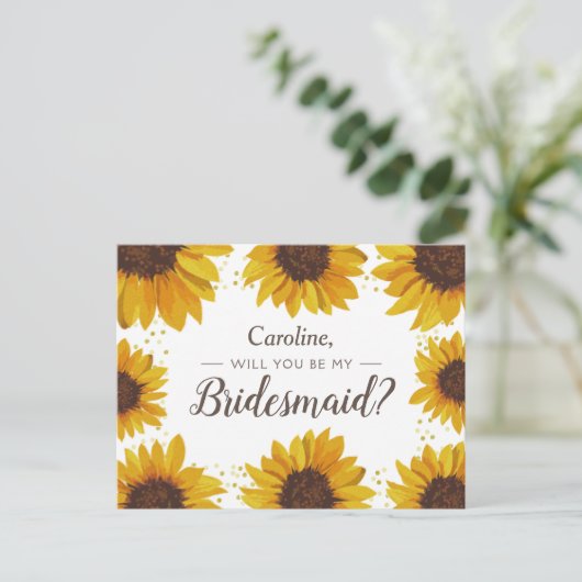Zonnebloemen & gouden Stippen Wil Je Mijn Bruidsme Uitnodiging Briefkaart (Staand voorkant)