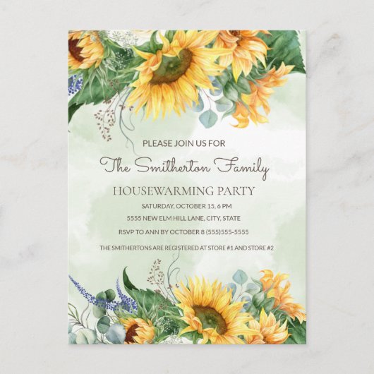 Zonnebloemen Greenery Country Housewarming Party Briefkaart (Voorkant)