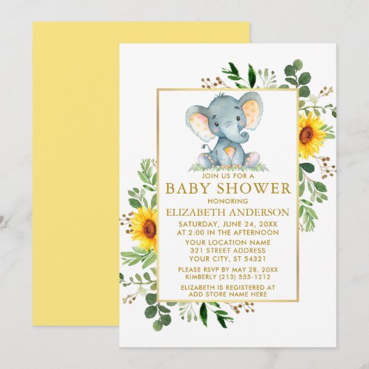 Zonnebloemen Greenery Elephant Baby shower Gold Kaart (Voorkant / Achterkant)